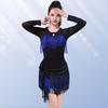 Womens Latin Dance Top With Fringe Rhinestone Embellishment Long Sleeve Modern Ballroom Costume