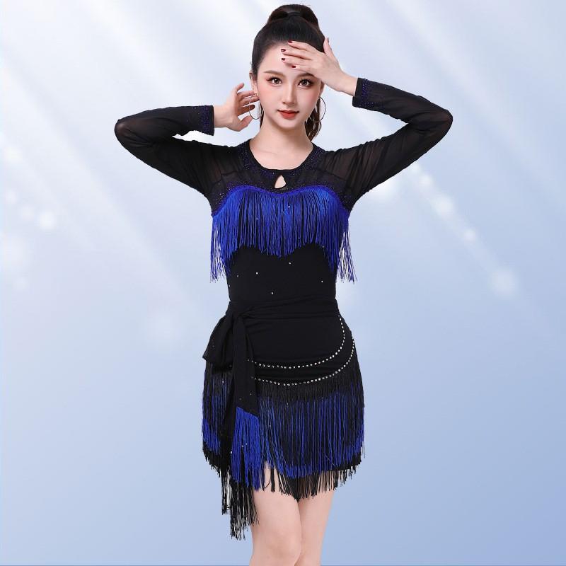 Womens Latin Dance Top With Fringe Rhinestone Embellishment Long Sleeve Modern Ballroom Costume