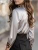 Leopard Print Satin Patchwork Long Sleeve Shirt for Women