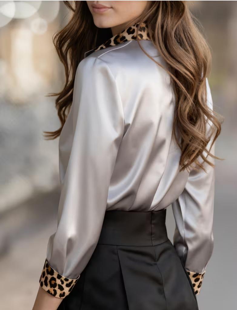 Leopard Print Satin Patchwork Long Sleeve Shirt for Women