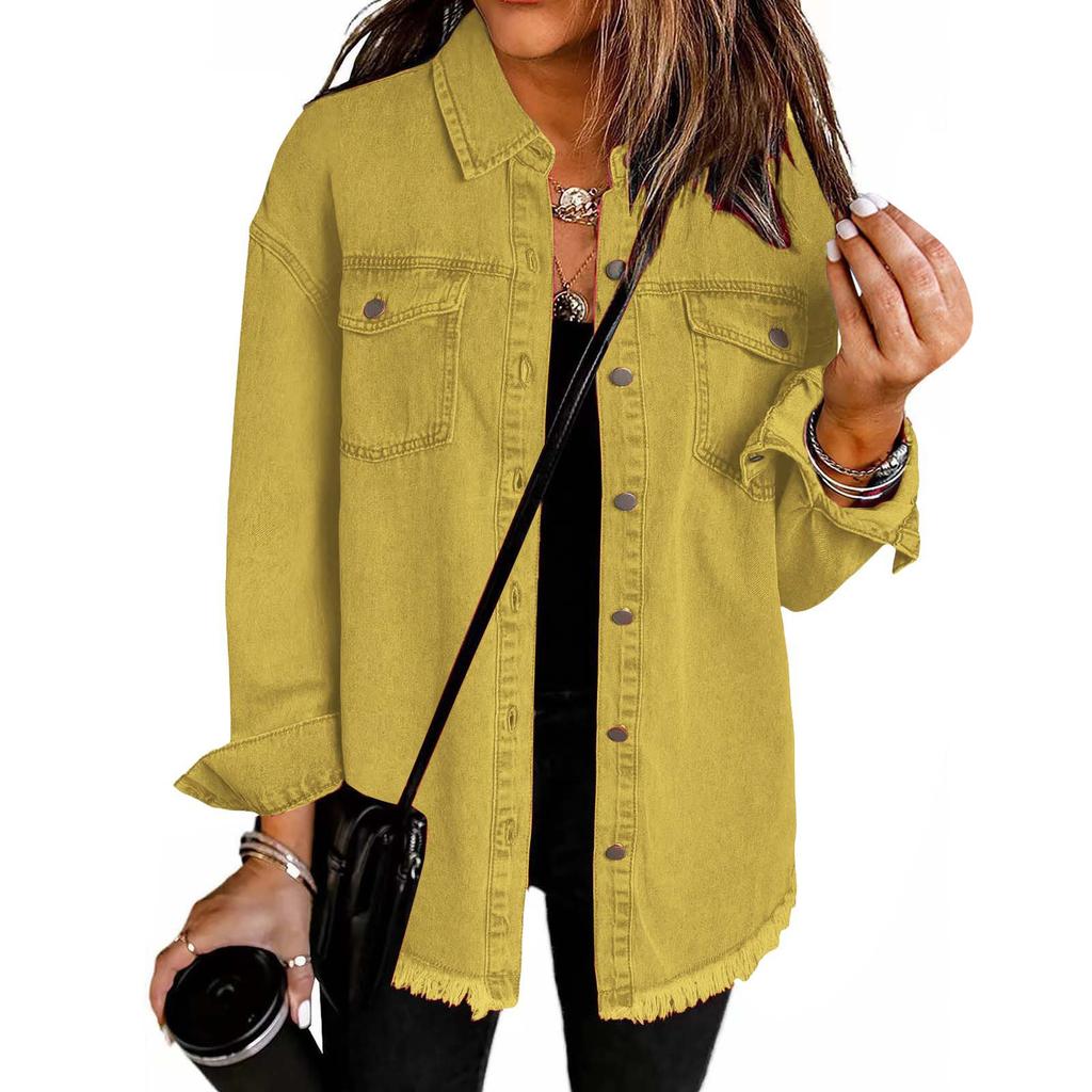 Women's Fashion Washed Denim Shirt Jacket With Frayed Hem Solid Color Outerwear