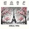 2D Black White Pink Eiffel Tower Cherry Blossom Tapestry for Home Aesthetic Decoration