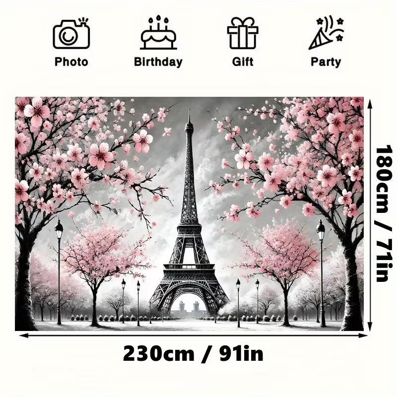 2D Black White Pink Eiffel Tower Cherry Blossom Tapestry for Home Aesthetic Decoration