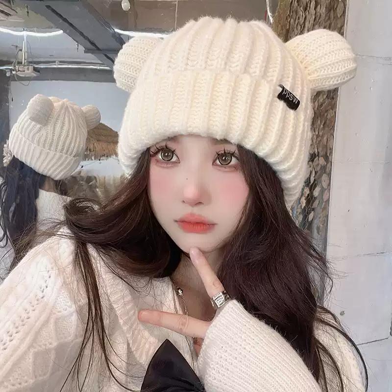Cute Bear Knitted Wool Hat For Cycling Warm Cartoon Earmuffs Autumn And Winter