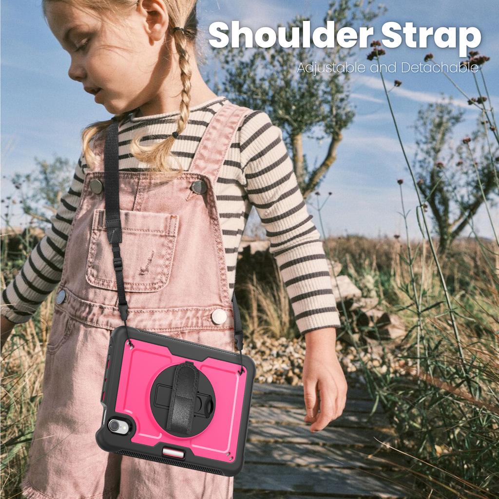 For iPad Mini (2024)/(2021) Case Kickstand PC + TPE Tablet Cover with Hand Strap and Shoulder Strap