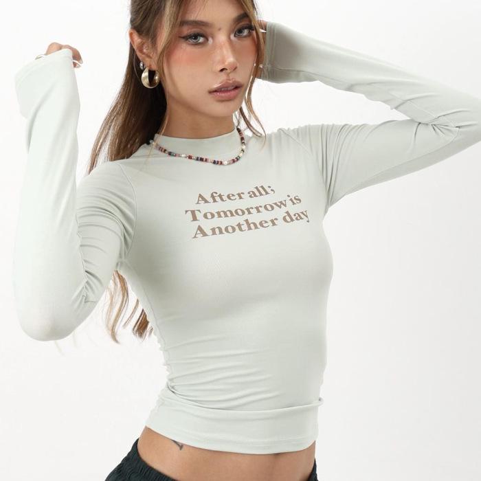 Slim-Fit Trendy Letter Print Long-Sleeved Top - Fashionable & Unique Design Small белый