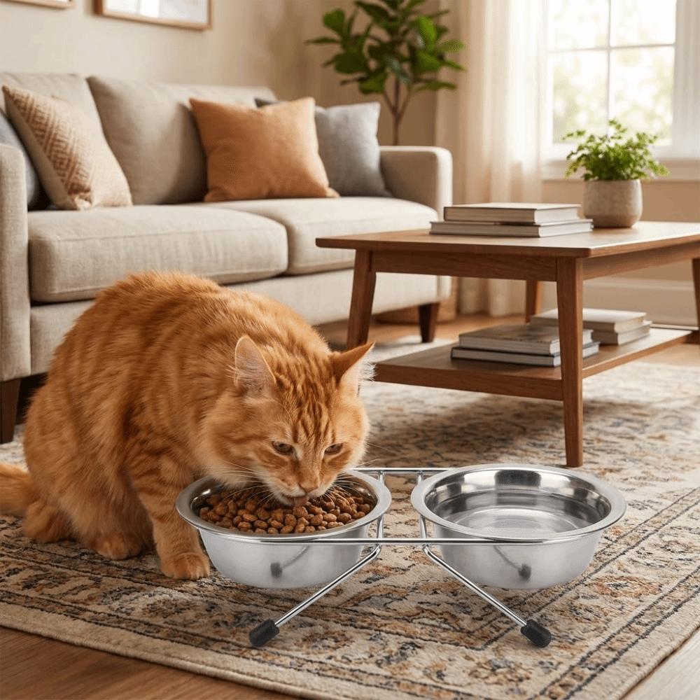 Eisenrahmen Edelstahl Haustiernapf Auslaufsicher Kippsicher Katzen Doppelnapf Abnehmbar Langlebig Hundefutternäpfe Für Katzen Hunde