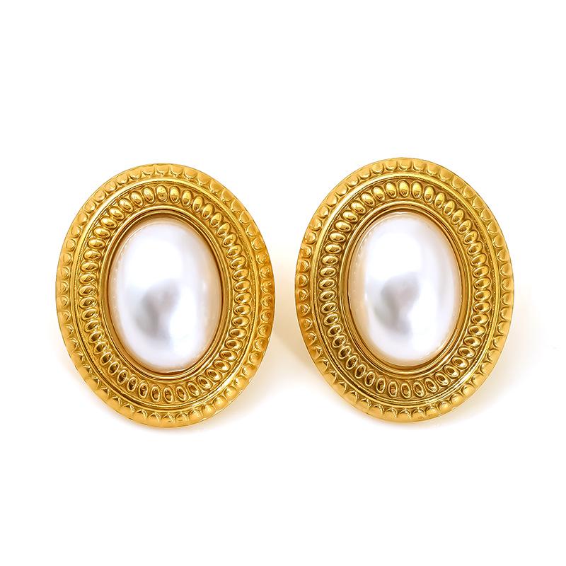 European Retro Titanium Pearl Oval High-End Earrings for Women