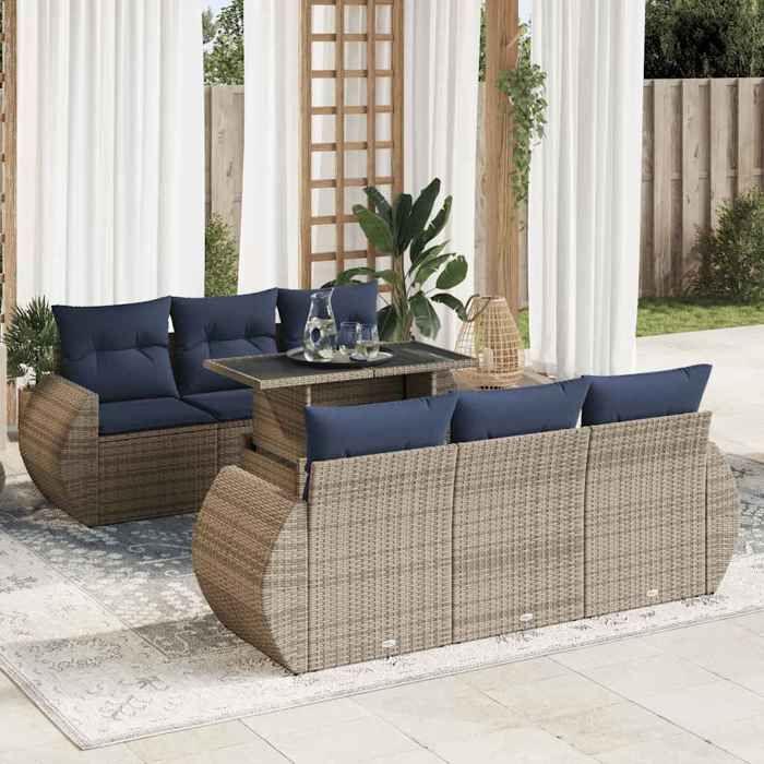 VidaXL Garden Lounge Set with Cushions 7 Pcs Grey Wicker Acacia, Outdoor Sofa Set, Garden Furniture 3326582