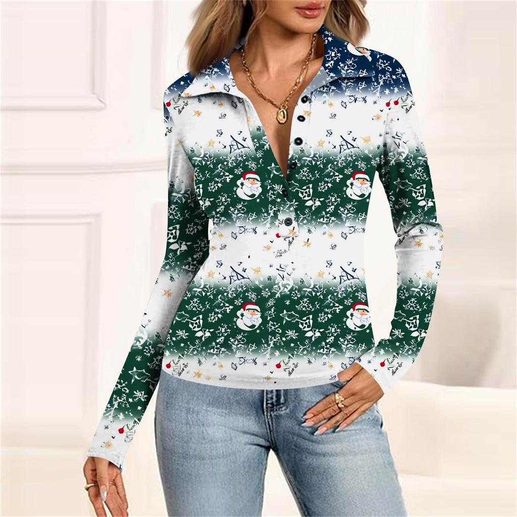 Damenmode Lässig Bedrucktes V-Ausschnitt Langarm Knopfleiste Oberteil