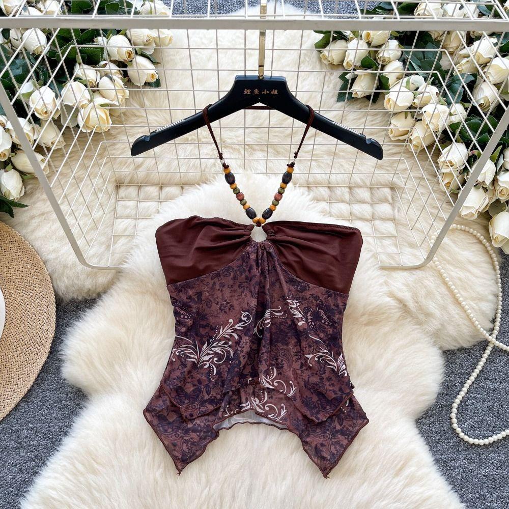 Fashion Backless Mesh Halter Camisole Sleeveless Irregular Beads Hanging Vest Women Sweet Streetwear Slim Crop Top Vacation
