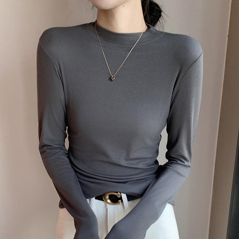 Women's H535 Modal Half-High Collar Long-Sleeve T-Shirt - New Autumn Style with a Small Stand Collar and Round Neck.