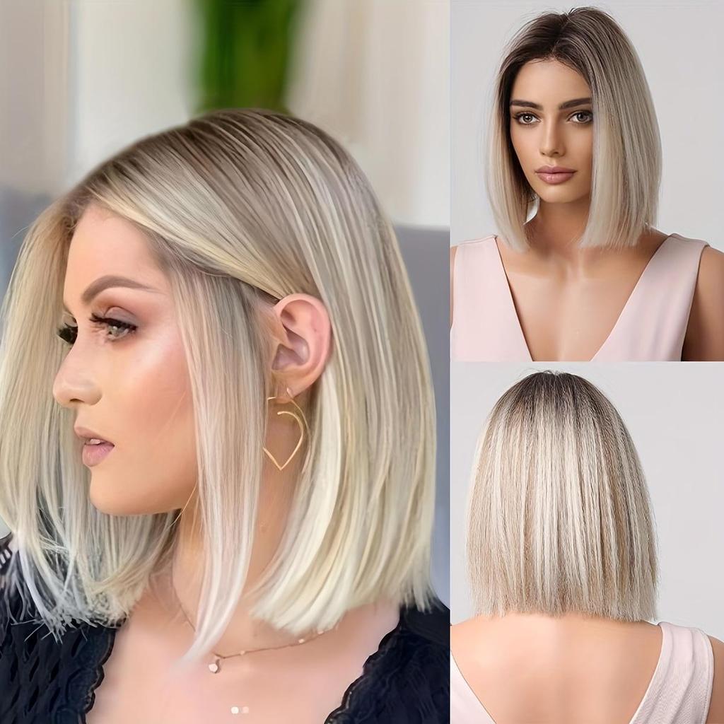 Elegante, glatte, rosa Ombre-Bob-Perücke für Damen, hitzebeständiges Kunsthaar, kurze Cosplay-Perücke mit Mittelscheitel, verstellbare Rosennetzkappe