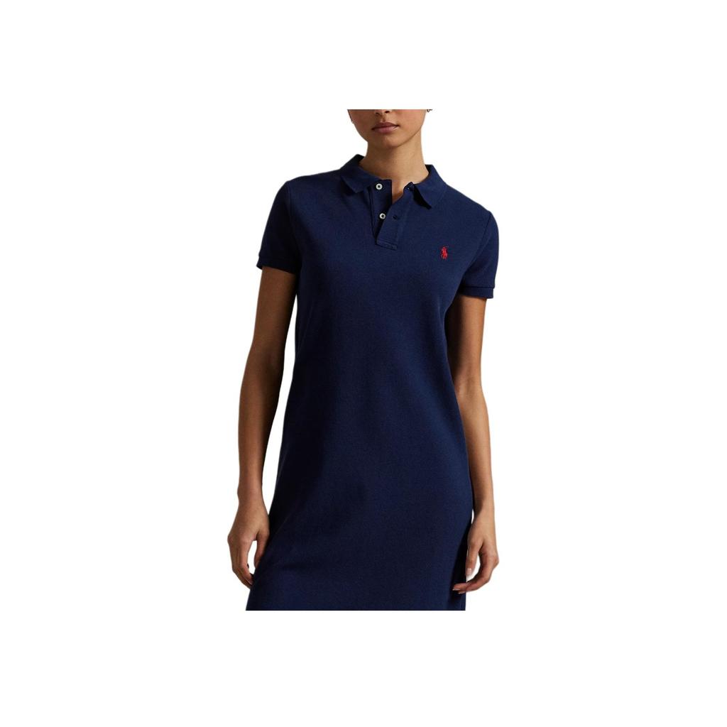 Polo Ralph Lauren Solid Color Polo Collar Straight Cut Side Split Short Sleeve Dress Women Dresses Navy-Blue 211968291-003