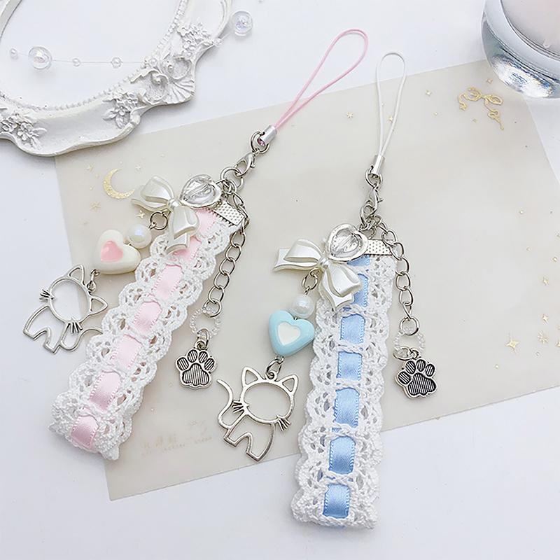 Sweet Lovely Lace Ribbon Cat Heart Pendant Keychain Phone Charm Lanyard Bag Decoration For Women Portable Hangings Lanyard Gifts