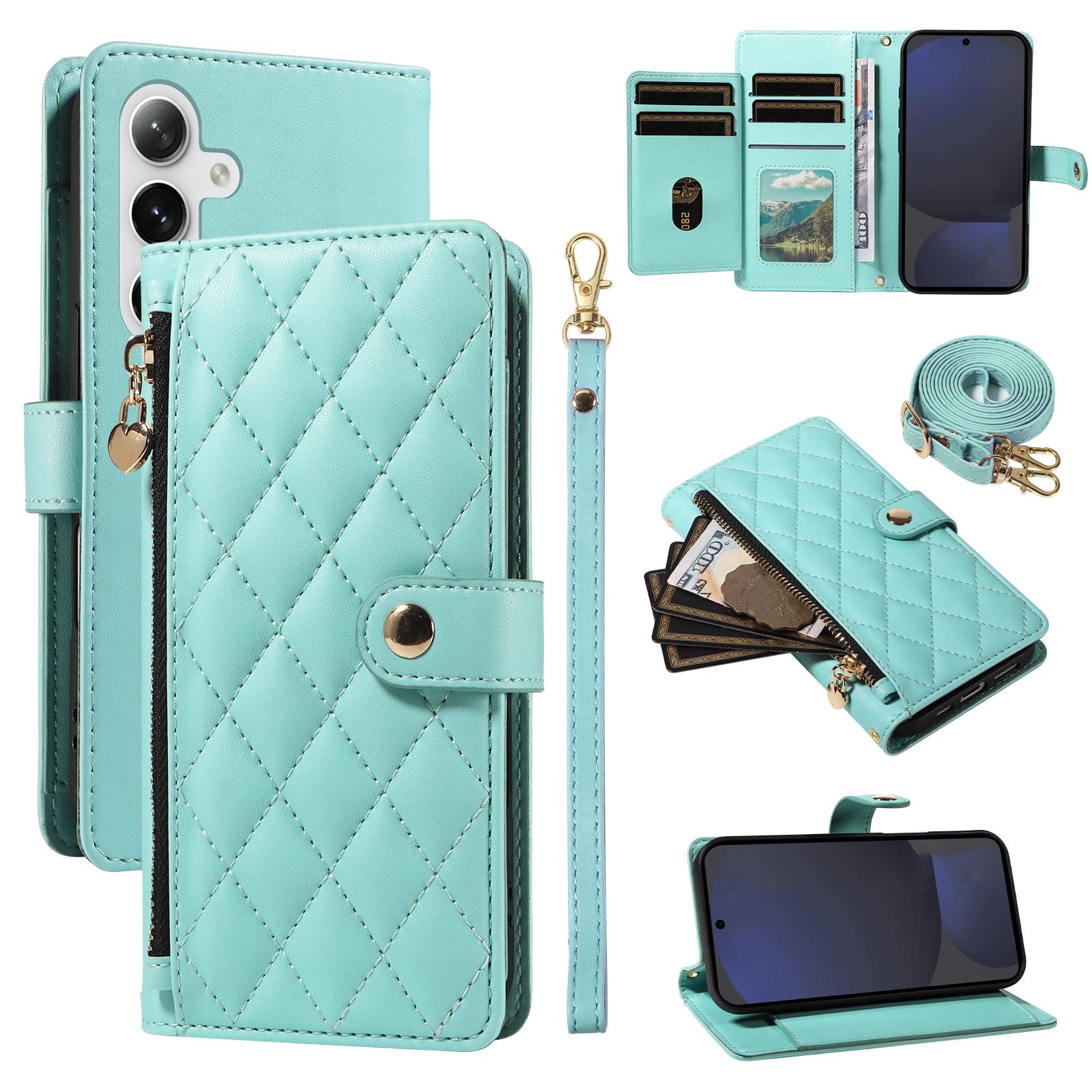 

For Samsung Galaxy S24 FE Wallet Case with Straps,Rhombus Leather Stand Phone Cover Light Green