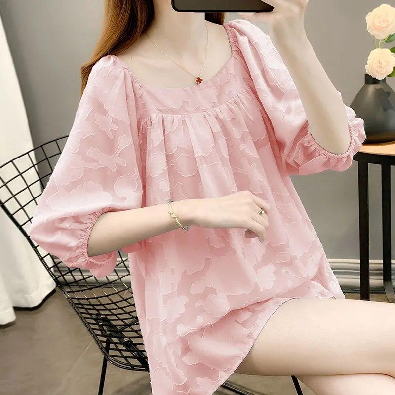 Camicia Estiva Trendy Taglie Forti Chiffon Top Manica Corta Manica a Bolla Larga Nasconde Pancia Fluido