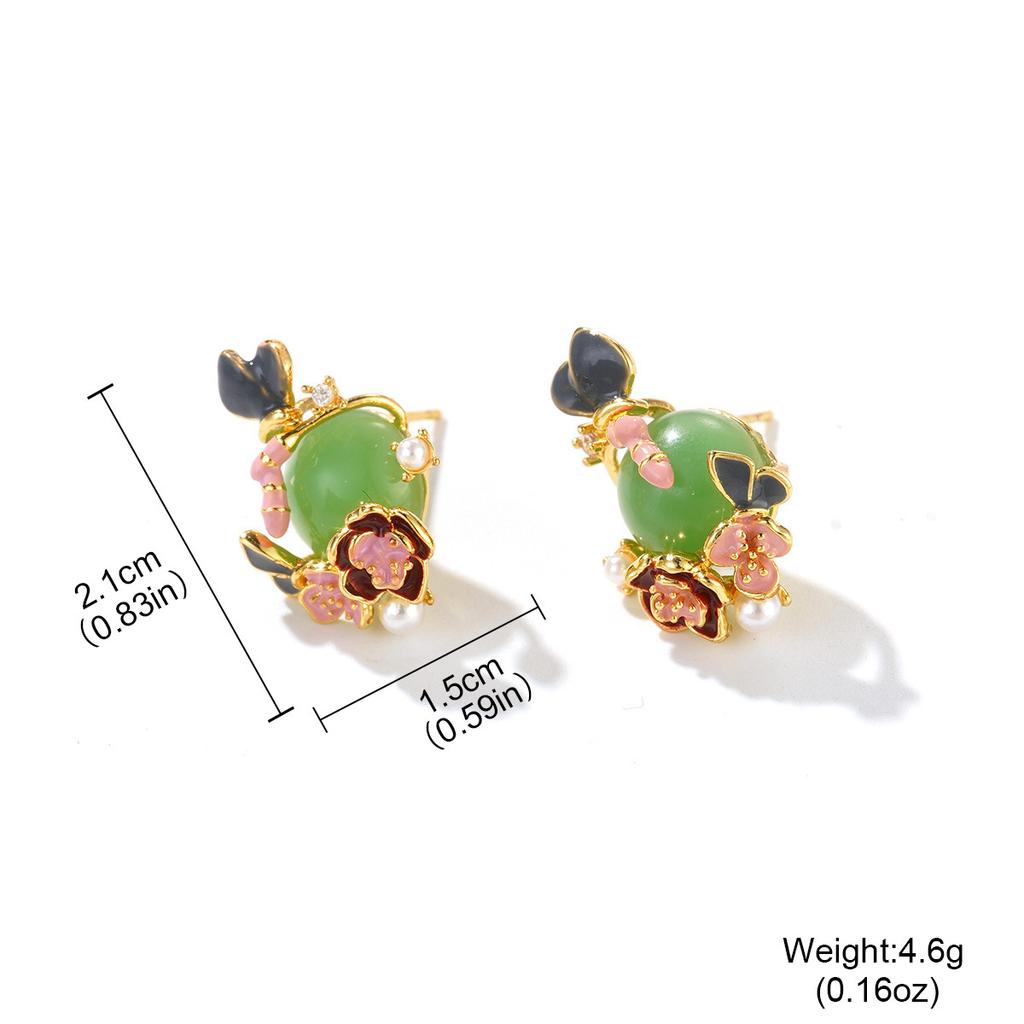 New Chinese enamel drop glaze flower earrings imitation jade high-end sense niche ear jewelry national style temperament versatile earrings