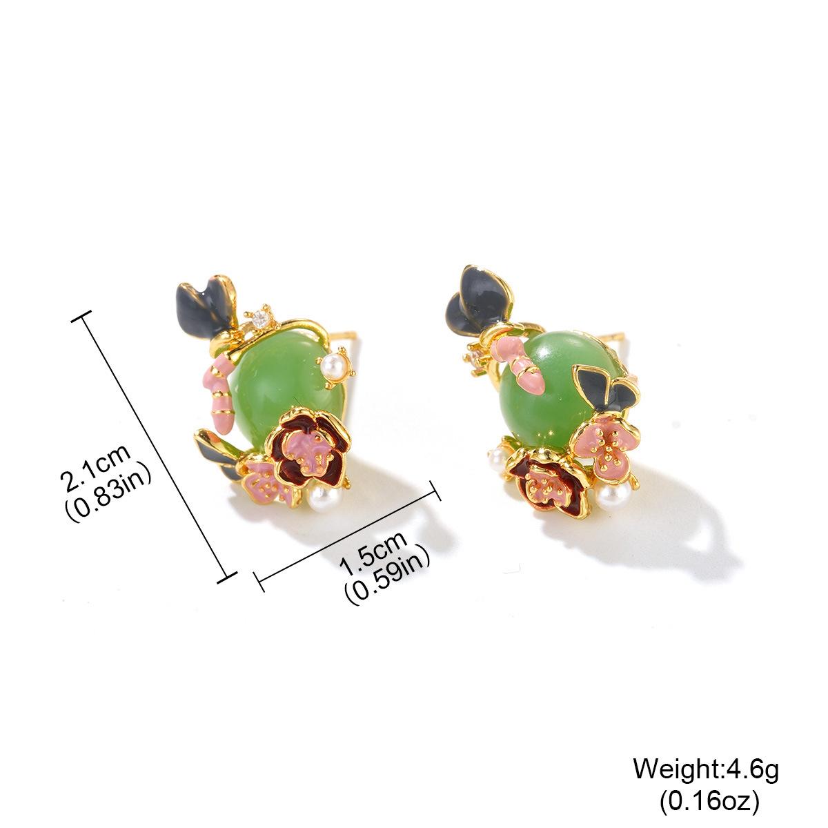 

New Chinese enamel drop glaze flower earrings imitation jade high-end sense niche ear jewelry national style temperament versatile earrings