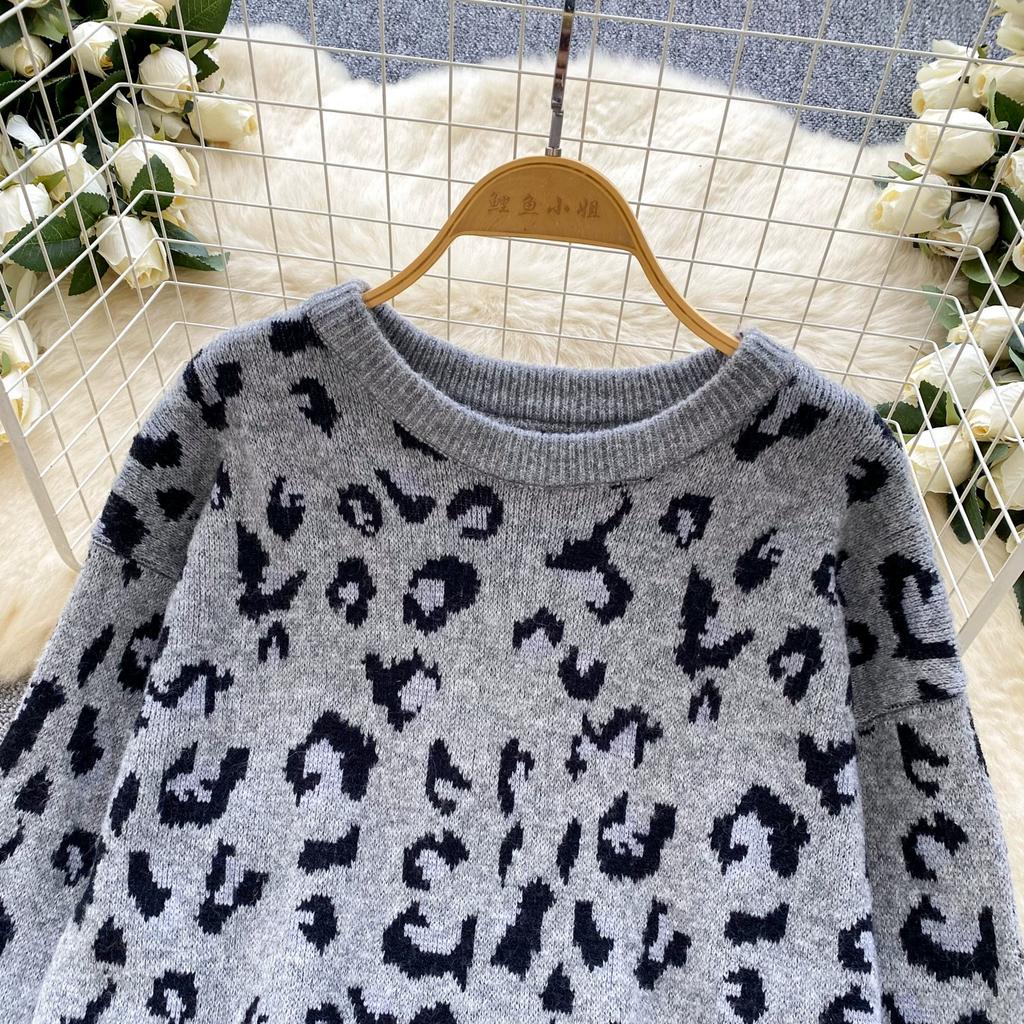 Automne Hiver Femmes Décontracté Imprimé Léopard Tricoté Pull Pantalon Ensemble Deux Pièces Manches Longues Hauts Pull et Short Taille Élastique Survêtement