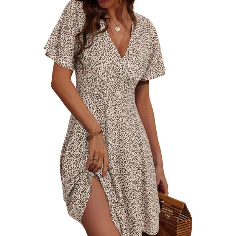 Popular, Summer Floral Short Sleeve Wrap V-Neck A Line Midi Dress