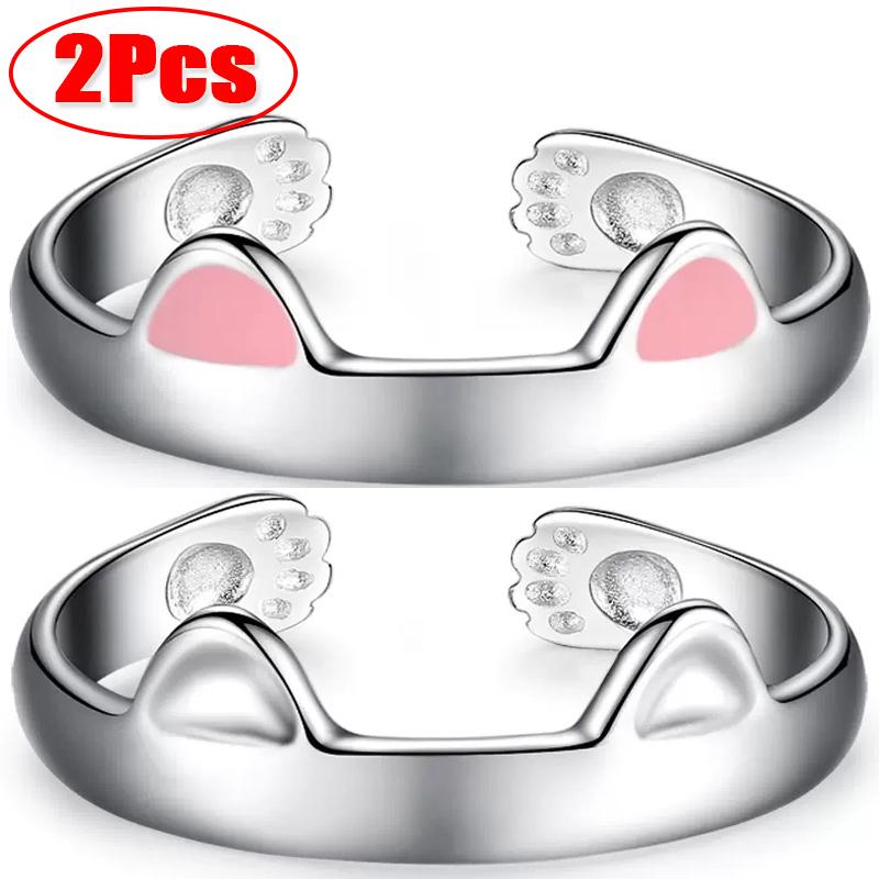 2Pcs Cute Cat Rings for Women Girls Adjustable Cat Ears Paw Animal Finger Ring Couple Cartoon Little Cat Kitten Gift Jewelry