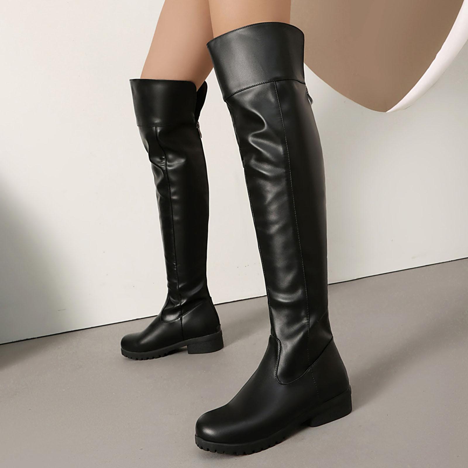 Round Toe Leather Women s Long Boots Thick Sole Zipper Solid Color British Mid Heel Casual Over Womens Suede over The Knee Boots 36 чёрный