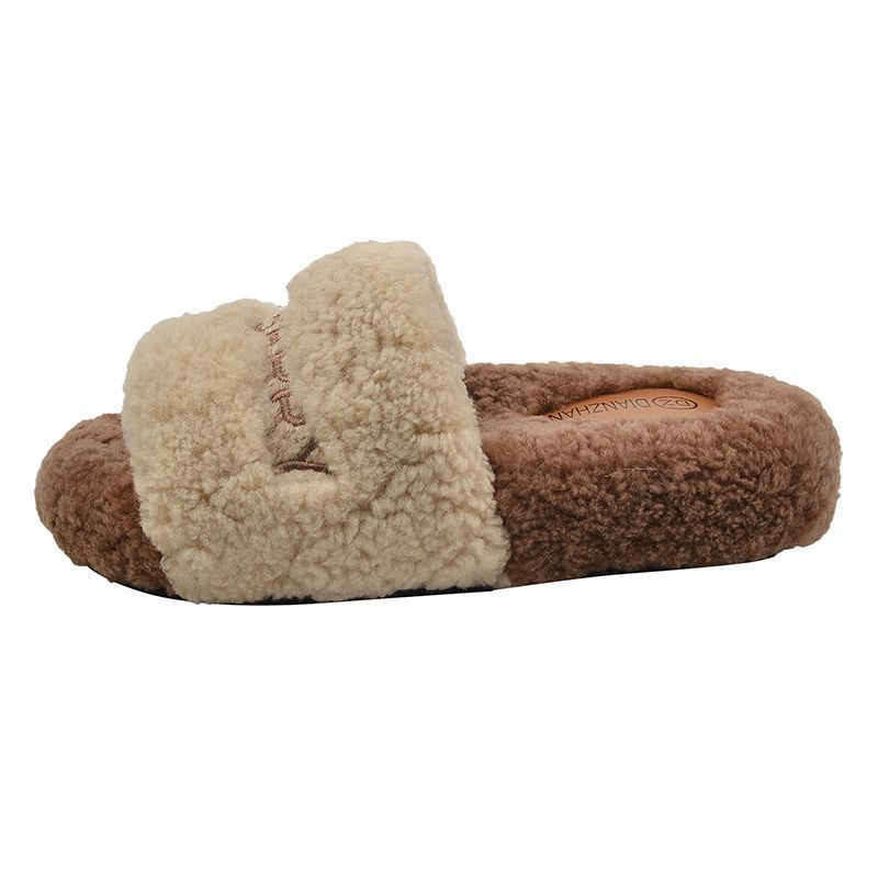 Fashion Casual Indoor Fluffy Slippers Women's Autumn and Winter New Outer Wear Home Flat Bottom Non-slip Fluffy Cotton Mop