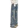Floral Printed Wide Leg Female's Jeans American Retro High Waisted Trousers Fashionable Versatile Multi Pockets Bottoms