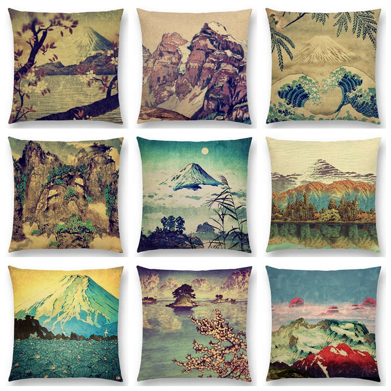 Mount Fuji Spring Pillow Cover Landscape Painting Cushion Cover Four Seasons Nature Scenery Fuji Mountains Sofa Pillow Case