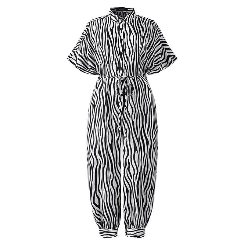 2020 Women's European Retro Leopard Print Short Sleeve Jumpsuit, Loose Plus Size, High Waist, Leg-Slimming Design