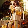Spring and Autumn women's cartoon pajamas, pink girl cat print long-sleeved suit, loose loungewear
