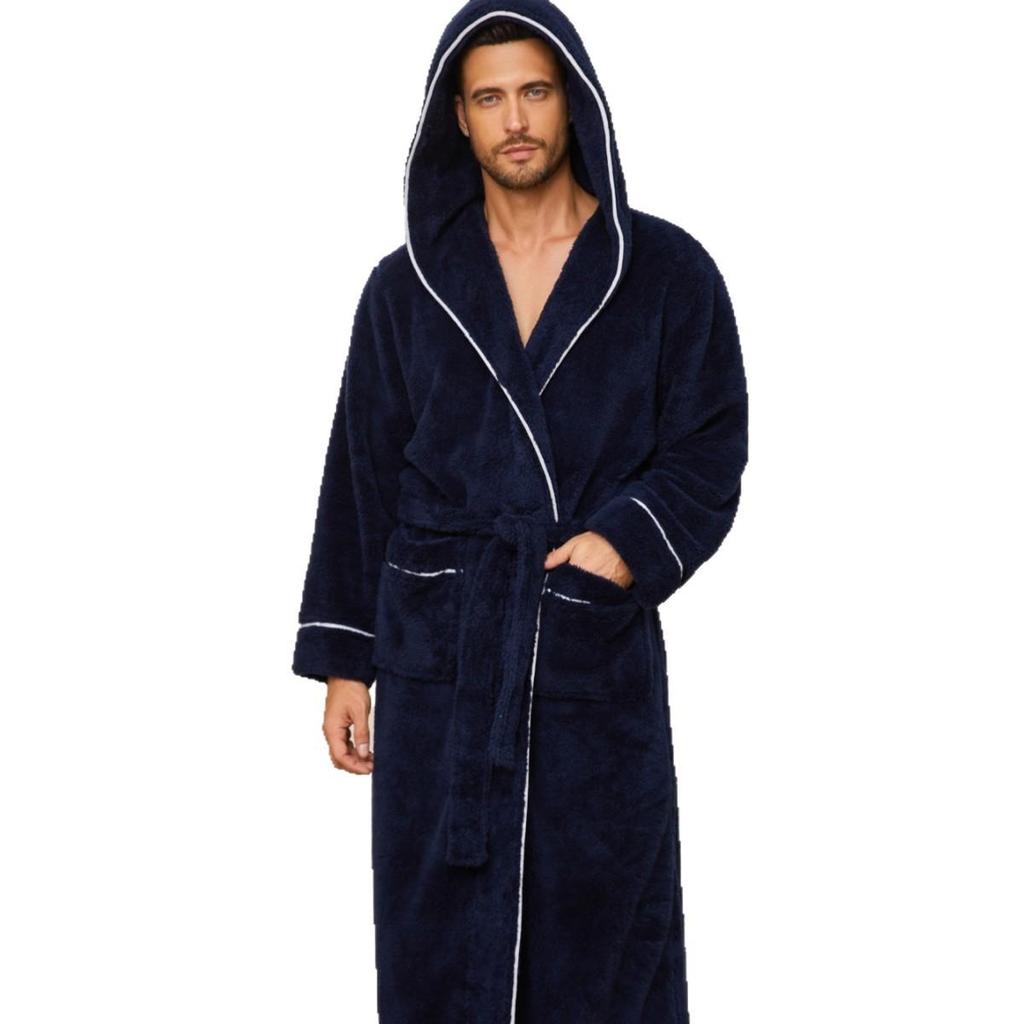 Herre Hætteklædte Badekåber Fuld Længde Spa Badekåber Blød Hjemme Nattøj Frakke med Lommer Vinter Varm Plys Fleece Kåbe Hætteklædt Fluffy Kåber til Mænd