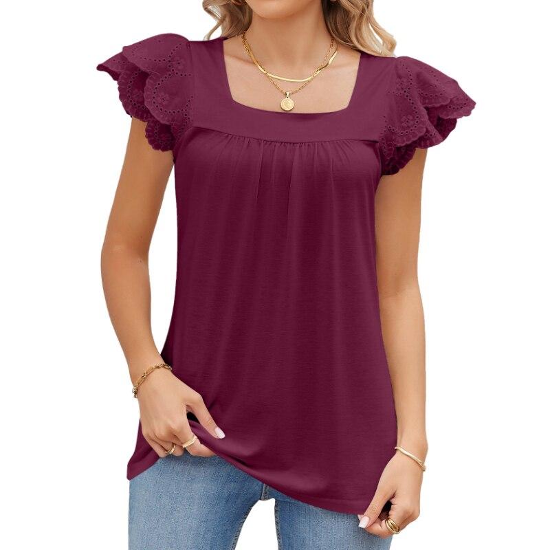 Camiseta informal de manga corta con pétalos para mujer, blusa elegante con cuello cuadrado, Top sencillo y liso con agujeros para mujer 27773 2023