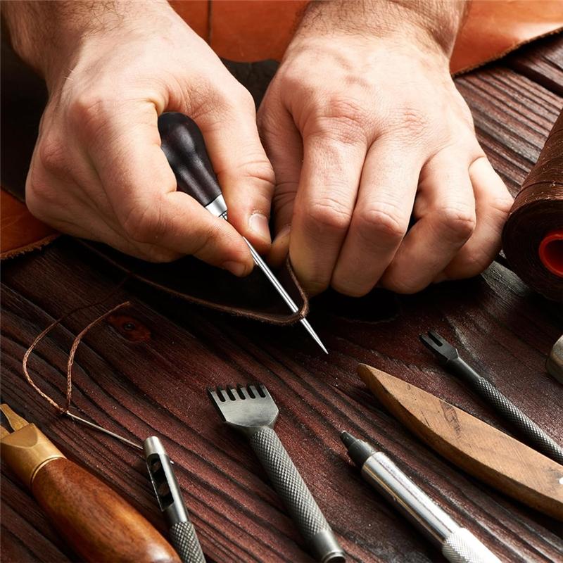 Sewing Awl Set 9 PCS Gourd Shape Wooden Handle Scratch Tool DIY Handmade Pin Punching-Needles Kit For Leather Sewing