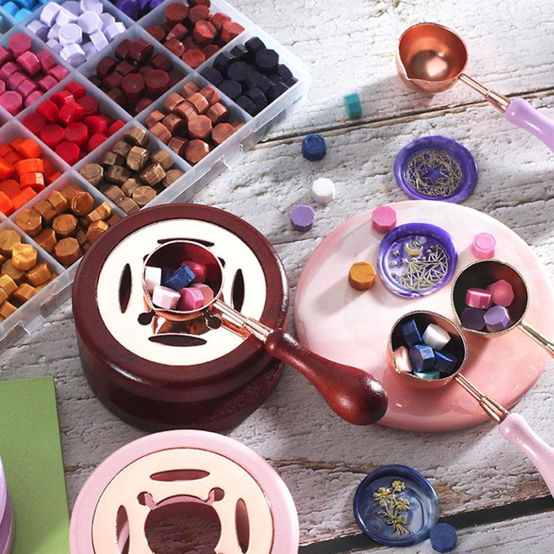 1 SET Retro Wood Handle Furnace Stove Pot Wax Seal Stamp Set Wax Spoon Lacquer Decorative Craft Gift Seal Wax Card Making SB002