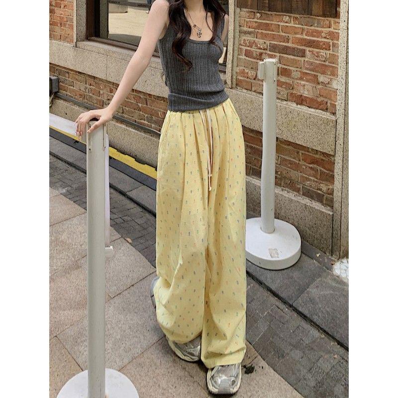 Korean Style Women's Blue Striped High Waist Wide Leg Loose Pants for Spring/Summer