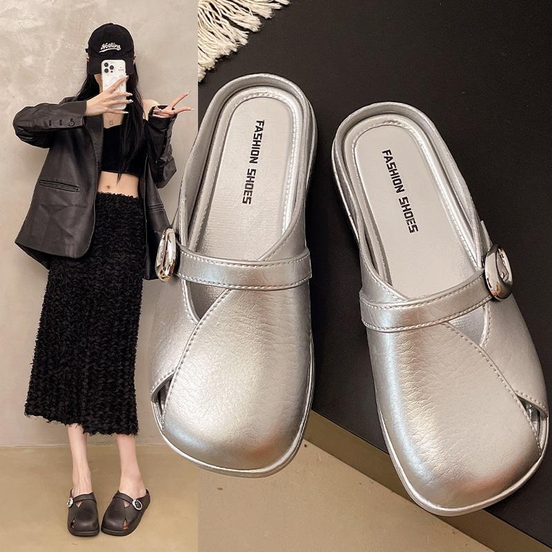 Women's Summer Mules Flat Shoes Fashion Square Toe Slip-on Slippers