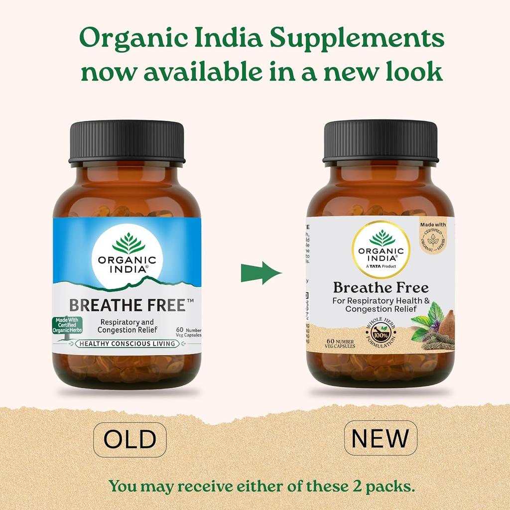 Organic India Breathe Free 60 Veg Capsules for Respiratory Comfort, Congestion Relief and Lung Support, Natural Herbal Formula