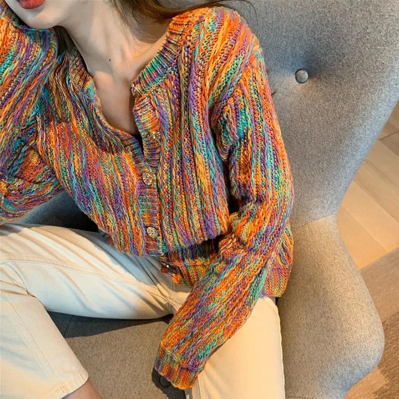 Women's Rainbow Cardigan Sweater Coat Lazy Style Long Sleeve Button Knit Cardigan