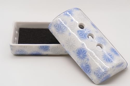 Horizontal Cylindrical Incense Burner: For laying incense sticks horizontally. Made in Japan with Mino ware.  Iro Sashiko  Blue. Ideal for yoga, medit