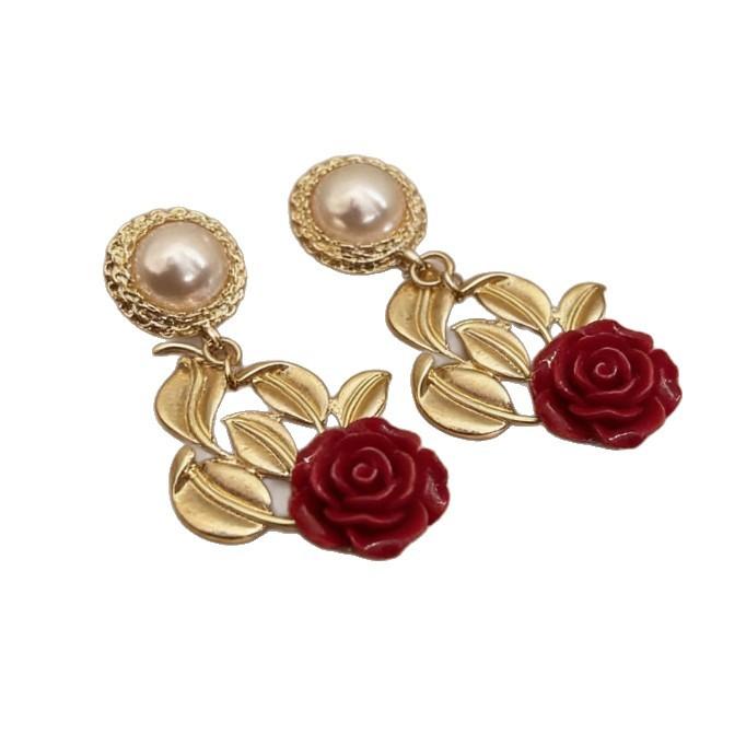 Baroque Pearl Leaf Rose Flower Earrings Temperament Stud Earrings Retro Earrings Premium Light Luxury Earrings Accessories