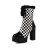 Black White Plaid Ankle Boots Women's with Fur Winter Platform Shoes Mixed Colours Chunky Heels Footwear