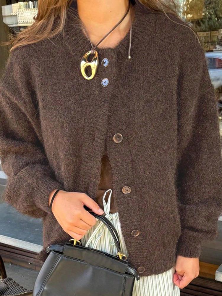 2025 Autumn/Winter Women's Solid Color Drop Shoulder Knit Cardigan