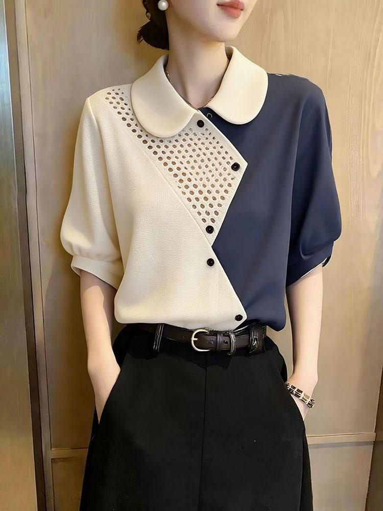 High-end Contrasting Color Splicing Short-sleeved Shirt Women's Summer New Fashion Foreign Style Thin Top Trendy A