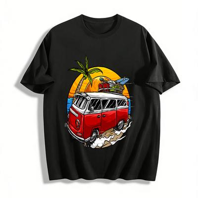 Vintage Camper Bus Strand Surfen Druck Lässiges Kurzarm-T-Shirt Reines Baumwoll-T-Shirt