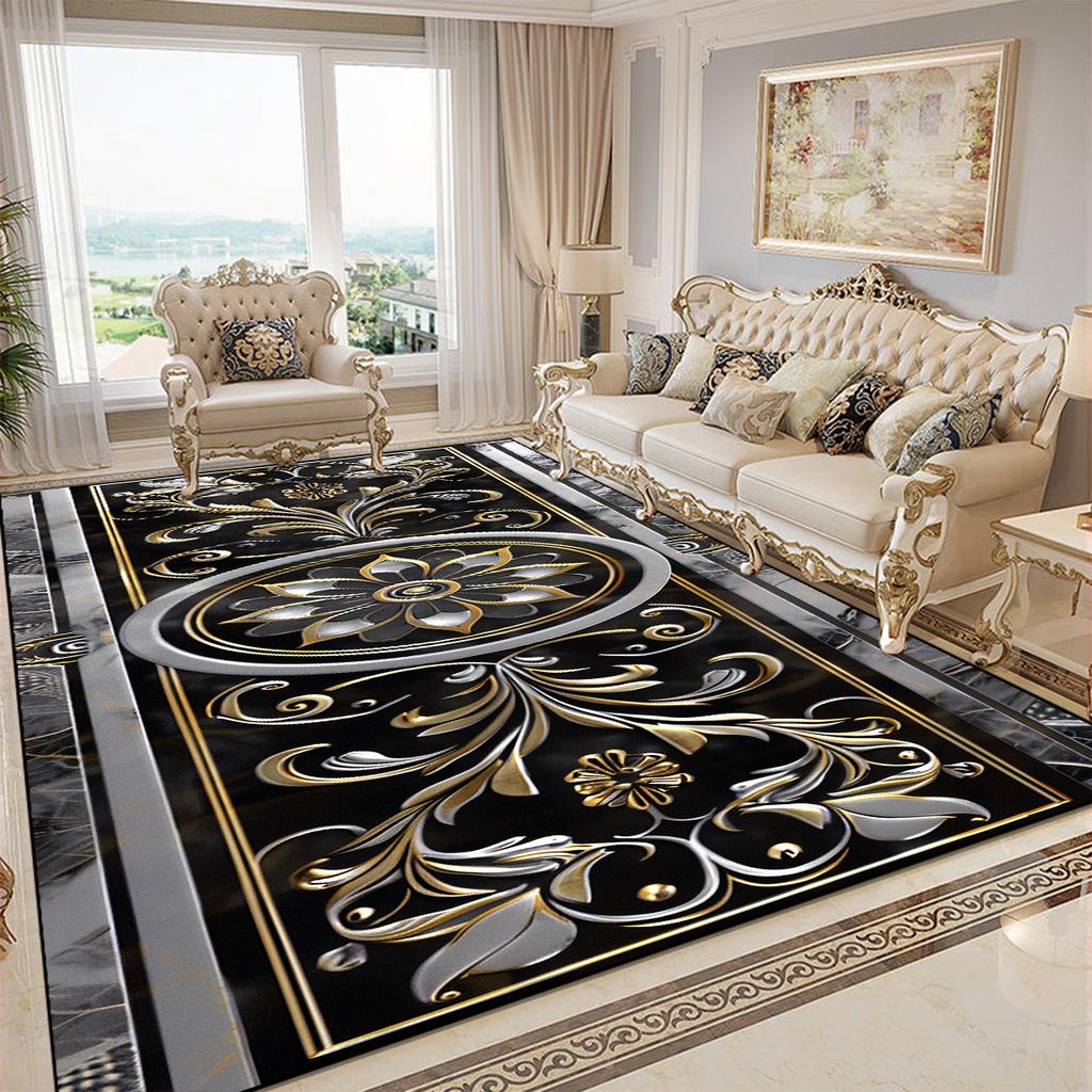 Luxury Golden Decorative Rug for Living Room European Style Parlor Decor Carpet for Rooms Non-slip Washable Lounge Sofa Foot Mat