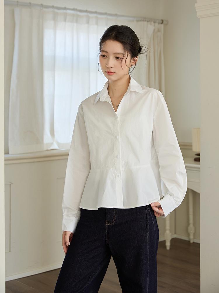 Women's White Cotton Shirt, Loose Fit, Lapel, Cinched Waist, Patchwork, Elegant, Versatile, Slimming, Long Sleeve