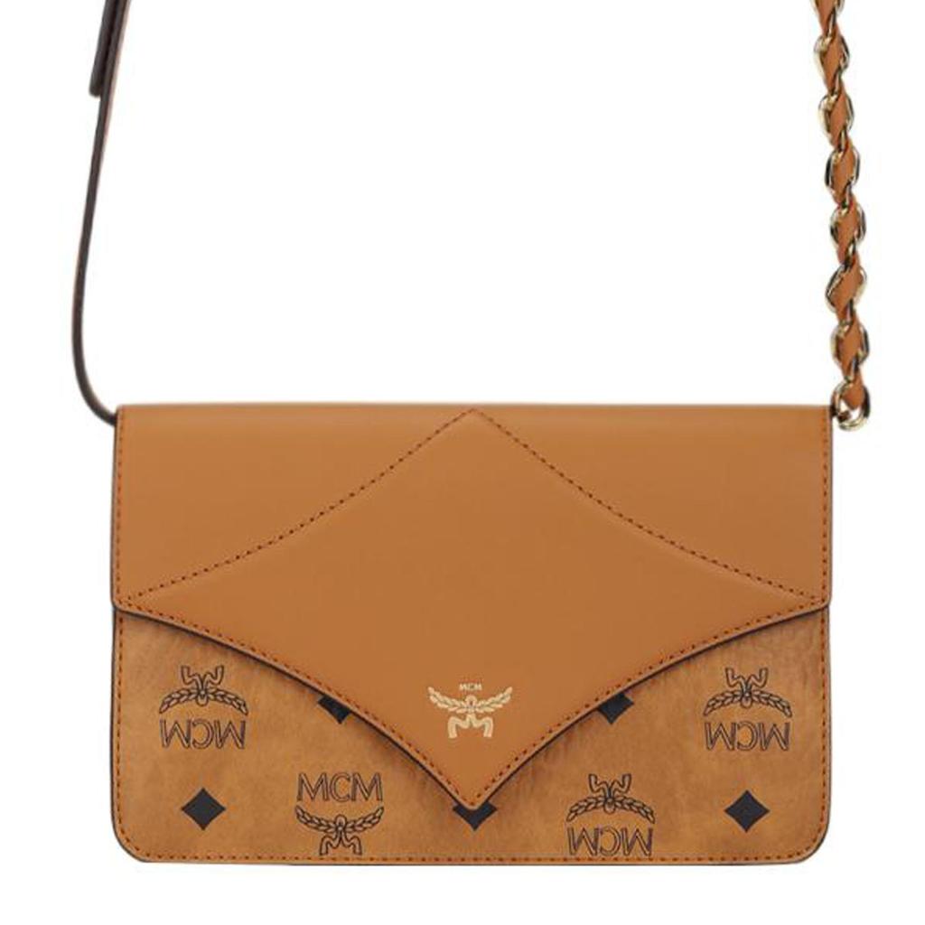 MCM Cognac Visetos Leder Umschlagtasche mit Kette als Crossbody-Tasche mit goldenen Beschlägen für den täglichen Gebrauch