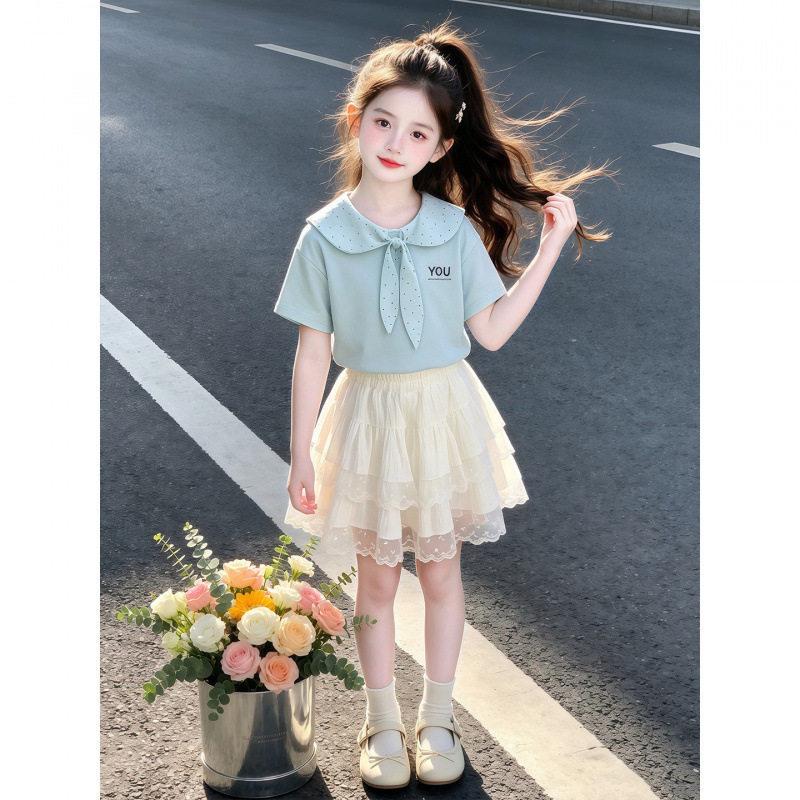 Girls Summer Short Sleeve T Shirt with Peter Pan Collar Preppy Top for Big Kids 110